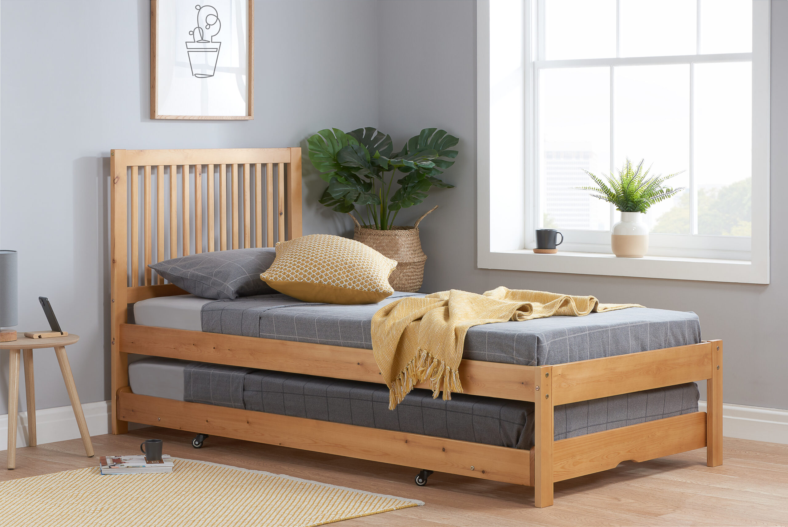 2 IN 1 Wooden Gust bed in honey pine. also available in white finish. (mattress extra)