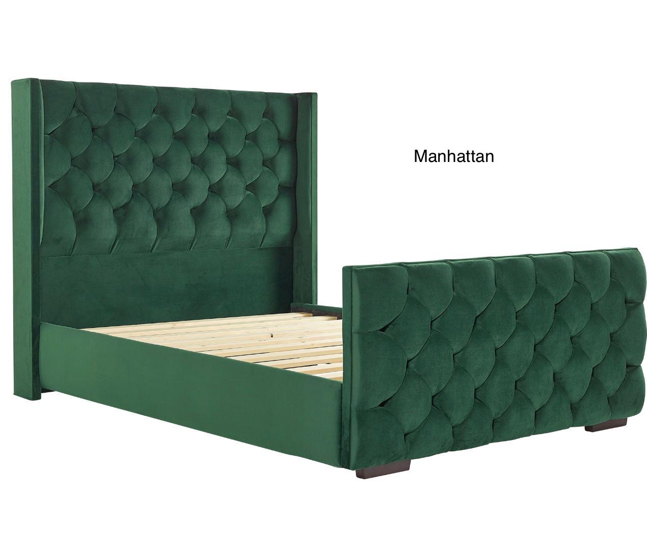 Classic Buttoned Fabric Bedstead with Winged Headboard & High Foot-End