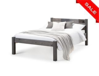 Dark grey wooden bedframe with rustic headboard